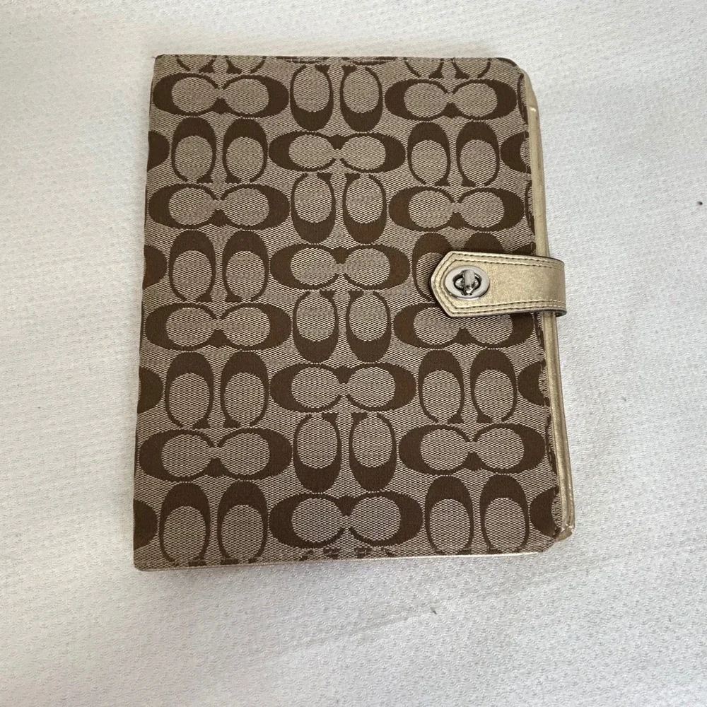 Coach Signature Monogram iPad Case Brown Gold Metallic Leather Turnlock Folio